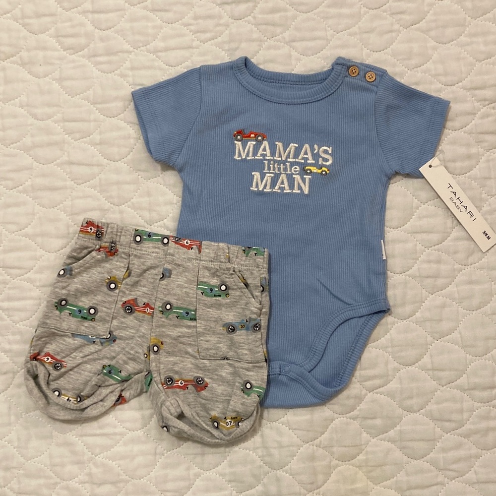 Tahari Blue Romper and Gray Car Shorts Set
